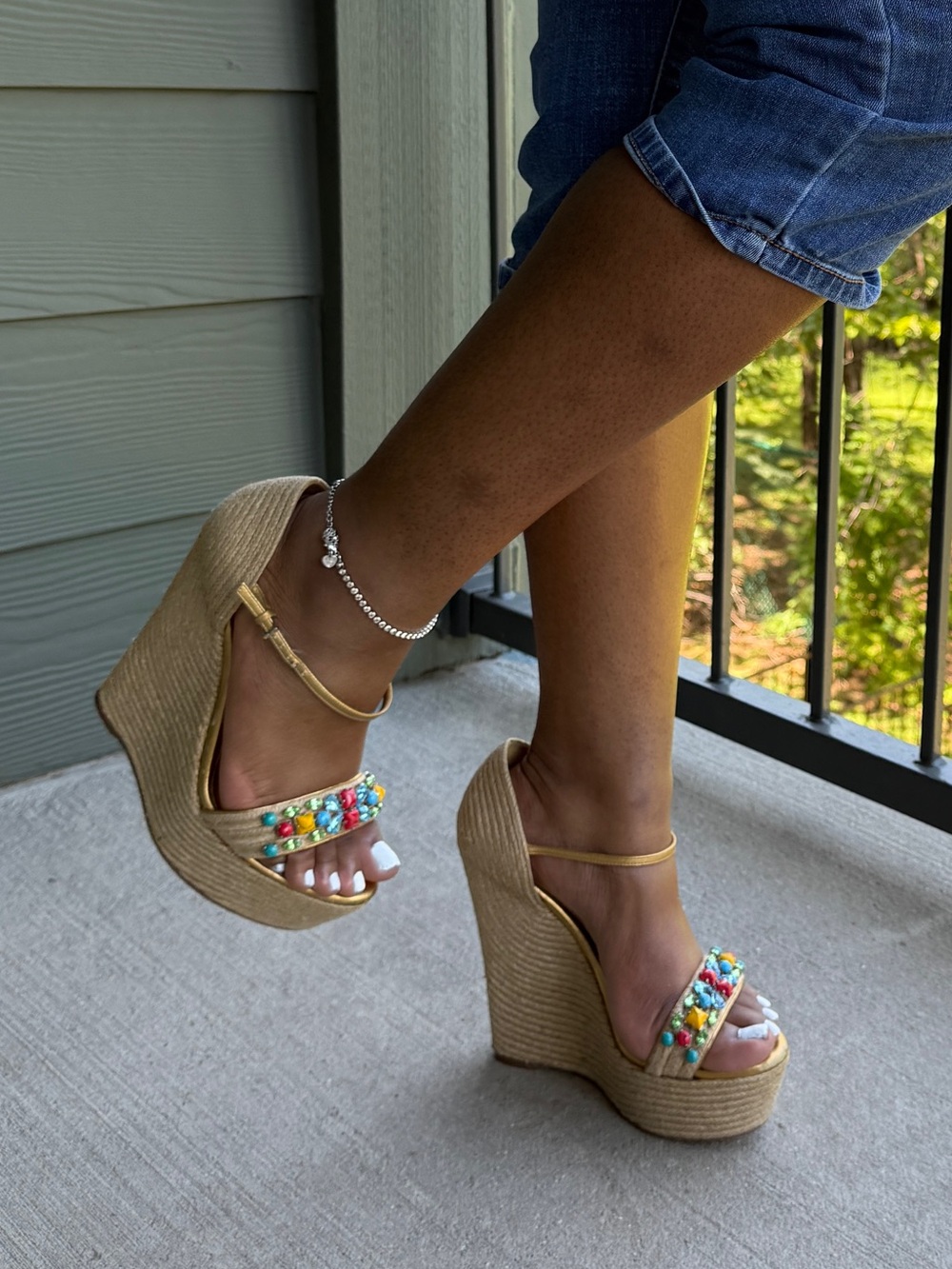 Gucci Beige Wedge Sandals with Multicolor Beaded Straps
